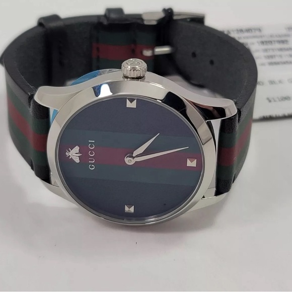Gucci G-Timeless SWISS Quartz Green and Red Black Leather Strap Watch YA1264079 - Picture 3 of 7